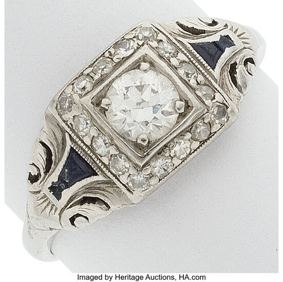 Art Deco Diamond, Sapphire, Platinum Ring Stones: Circular brilliant-cut...