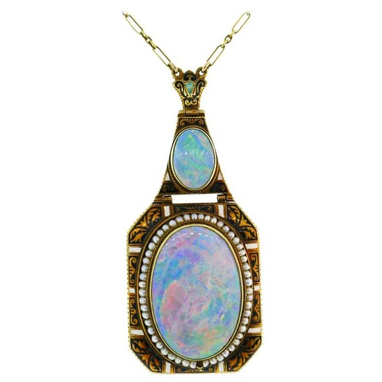 Art Nouveau Opal Yellow Gold Pendant Necklace Antique