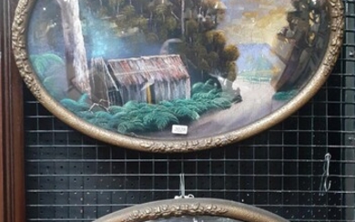 Artist Unknown (two works) "Australian Country Scenes, c1930's", oil on felt on board; frame: 38 x 53 cm (each) (oval)