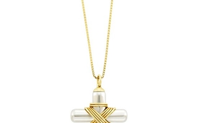 Attributed to Cartier Stainless Steel and Gold Cross Pendant with Gold Chain
