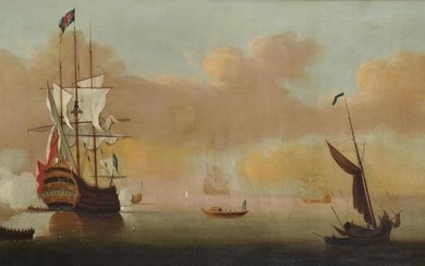 Attributed to Peter Monamy (British 1681-1749), A man-o'-war saluting, with other vessels off the coast, a castle on an outcrop to the right