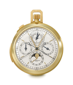 Audemars Piguet. An extremely fine and very rare 18K gold openface minute repeating perpetual calendar split-seconds chronograph keyless lever watch with moon phases, SIGNED AUDEMARS PIGUET, GENÈVE, NO. 66'236, CIRCA 1966