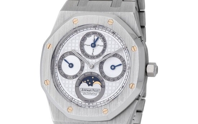 Audemars Piguet. Very Elegant and Tasteful Royal Oak Quantieme Perpetual Wristwatch in Platinum, Reference 25820PT, With White and Silver Tapisserie Dial, Box and Papers