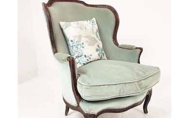 BERGERE, 19th century French, in duck egg blue velvet with a...