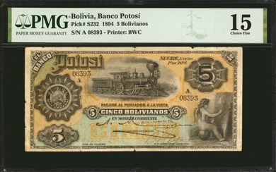 BOLIVIA. El Banco Potosi. 5 Bolivianos, 1894. P-S232. PMG Choice Fine 15.