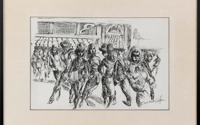 BRUCE XAVIER BALFOUR, California, 20th Century, Figural street scene., Pen and ink on paper, 13" x 21" sight. Framed 22" x 30".