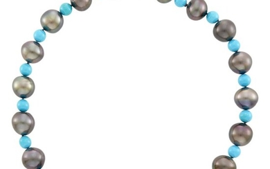 Black Cultured Pearl and Turquoise Bead Necklace with Platinum and Diamond Ball Clasp