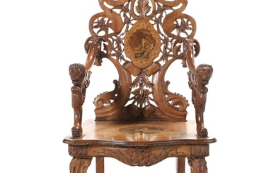 Black Forest Carved Walnut and Marquetry Musical Armchair, Late 19th Century