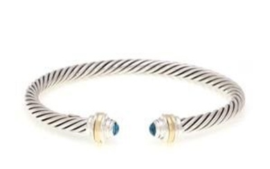 Blue Topaz Sterling 14k Yellow Gold 4.5mm Cable Cuff Bracelet