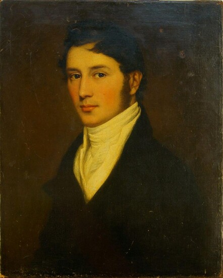 British School, early 19th century- Portrait of a gentleman, quarter-length turned to the left in a black coat and white stock; oil on canvas, 65.5 x 52cm (unframed) Provenance: The estate of the late designer, Anthony Powell.