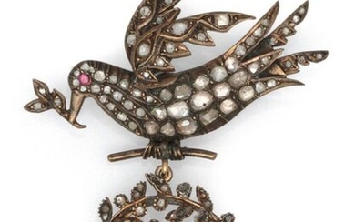 Brooch " Colombe " in vermeil, entirely set with rose-cut diamonds, a pearl and the eye set with a ruby. Dimensions : 5.5 x 7.5 cm. P. Brut : 19.2 g.