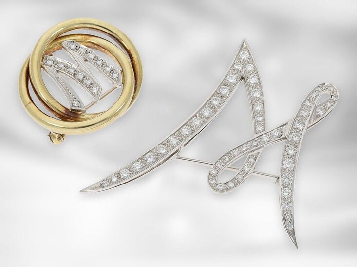 Brooch/pin: 2 high quality monogram brooches letter 'W'/'M' set with diamonds, 14K and 18K gold, handmade, 2,1ct diamonds!