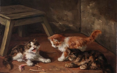 Brunel de Neuville "Playful Kittens" Oil on Canvas