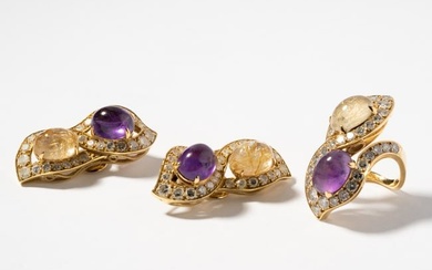 Bulgari 20 Karat Yellow Gold, Multi-Gem and Diamond Ring And Earrings