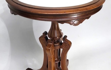 C 1870's American Carved Walnut Marble Top Round Parlor Table with gold line decoration. .