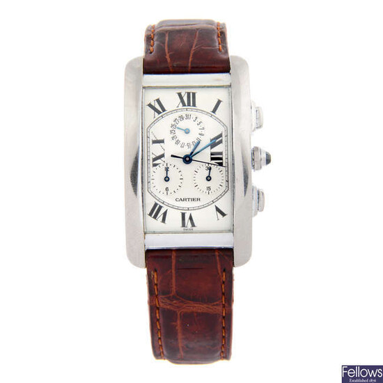 CARTIER - an 18ct white gold Tank Americaine chronograph wrist watch, 26mm.