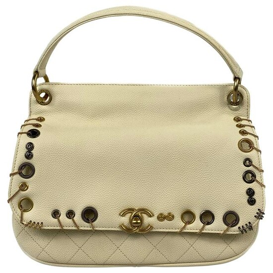 CHANEL Cream/ Ivory Caviar Quilted Grommet Embellished
