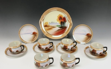 CHIKARAMACHI HAND PAINTED LUSTER CUPS SAUCERS TRAY