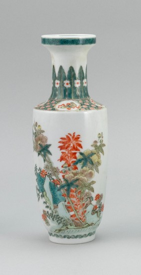 CHINESE FAMILLE VERTE PORCELAIN VASE In rouleau form, with finely detailed decoration of butterflies in a flowering landscape. Six-c...