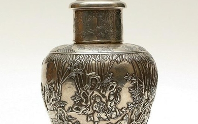 CHINESE STERLING SILVER TEA CADDY, QING DYNASTY