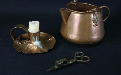 COPPER CANDLESTICK AND TEAPOT