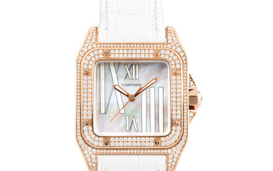 Cartier. A Pink Gold and Diamond-Set Wristwatch with Mother-of-Pearl Dial