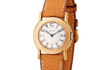 Cartier. Fine and Rare Ronde Wristwatch in Yellow and Pink Gold, With Stepped Bezel and Black Arabic Numerals Dial
