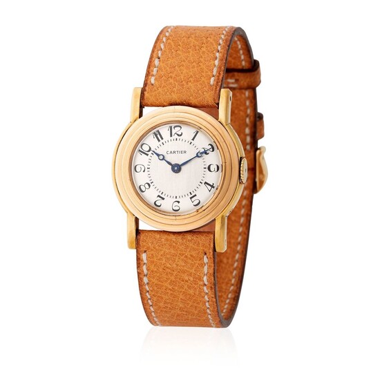 Cartier. Fine and Rare Ronde Wristwatch in Yellow and Pink Gold, With Stepped Bezel and Black Arabic Numerals Dial