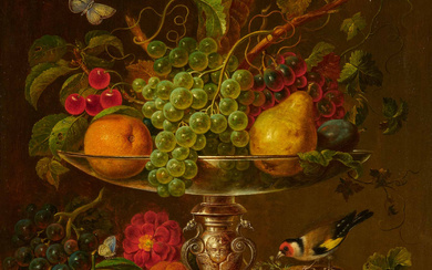 Caspar Arnold Grein | Magnificant Still Life with Flowers and Fruit in a Glass Bowl
