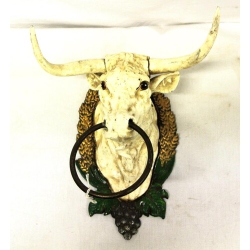 Cast iron bulls head wall plaque with rosette