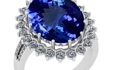 Certified 9.27 Ctw VS/SI1 Tanzanite And Diamond 14K White Gold Victorian Style Engagement Halo Ring