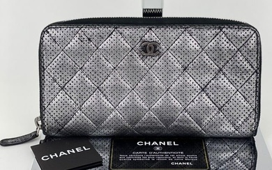 Chanel Wallet Perforated Silver Metallic Lambskin Quilted Zip Around Clutch