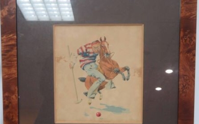 Charles-Fernand de CONDAMY (1847-1913) "Polo player" Watercolour, signed lower right. 25 x 23 cm (at sight). Framed under glass, burr veneer frame. 56 x 50 cm