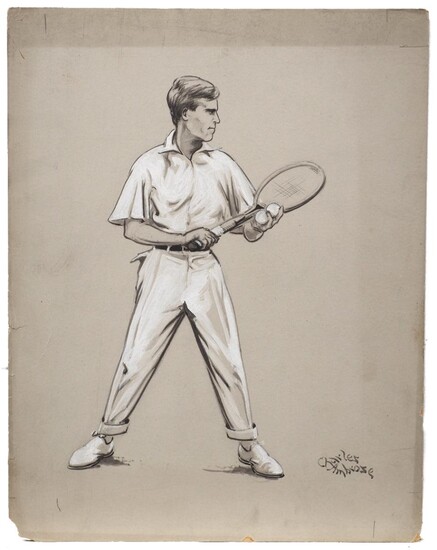 Charles Napier Ambrose, British 1876-1946- McLaughlin getting ready to serve; pen and brush and black ink heightened with white on grey coloured paper, signed, 29 x 23 cm: together with five other drawings/original artworks for illustration by the...