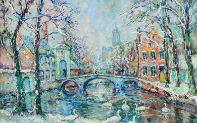 Charles Verbrugghe (1877-1974), bridge over the 'Lake of Love' (Minnewater) in Bruges, 50 x 60 cm