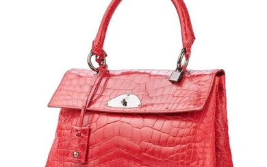 Cherry red crocodile bag, color leather lining, swivel clasp on flap and fasteners on the handle in varnished metal, key under bell, padlock, logo stamped on the base