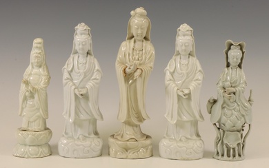 China, five various Dehua and white-glazed figures of Guanyin, modern