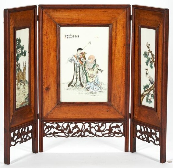 Chinese Hardwood Table Screen with Porcelain Plaques