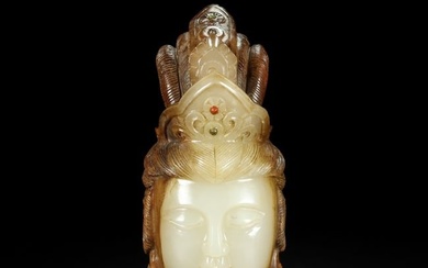 Chinese Hetian Jade Carved Kwan-yin Head Statue