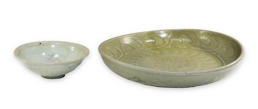 Chinese Ming Celadon Plate and Song Hutian Bowl