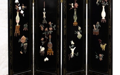 Chinese four-panel soapstone inlaid black lacquered folding screen
