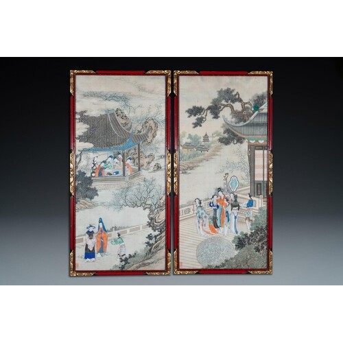 Chinese school, ink and color on silk: 'Two scenes with ladi...