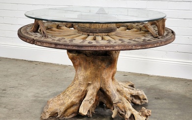 Chinese wagon wheel style table, on tree stump base and...