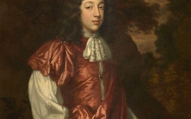 Circle of Sir Peter Lely, English 1618-1680- Portrait of John Noel, Son of Viscount Campden, standing three-quarter length, wearing a red silk cloak, in a landscape; oil on canvas, inscribed 'John Noel Son of / Viscount Campden. / P. Lilley. pinxt'...