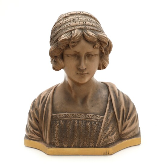 NOT SOLD. A 20th century paint plaster bust of a young woman. Marked Deposé 91....