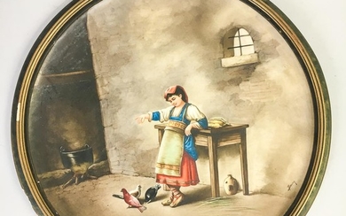 Continental Hand-painted Porcelain Plaque of a Girl Feeding Pigeons