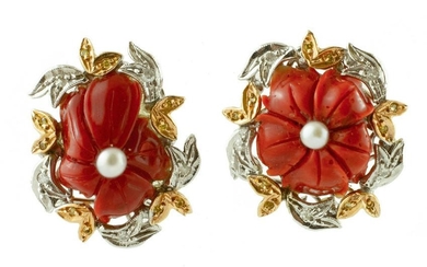 Coral, Pearls, White and Yellow Gold Vintage Flower