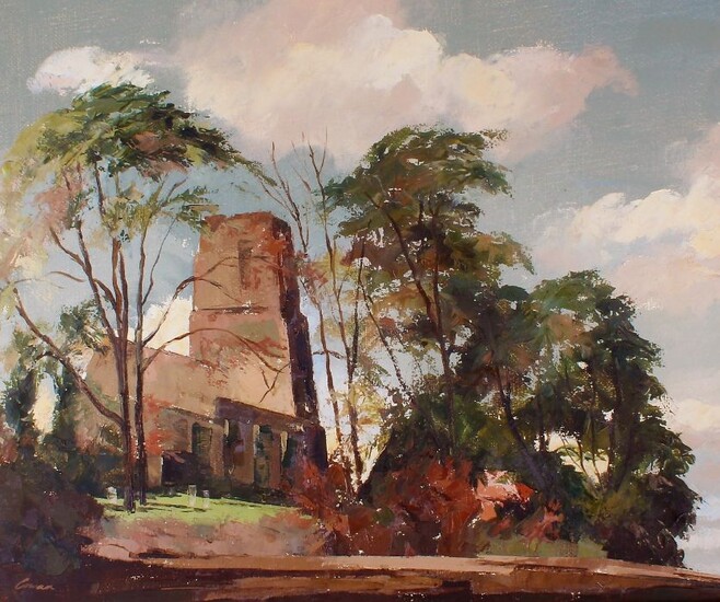 Cowan (20th Century British School), study of a church beyond a treeline, signed oil on canvas