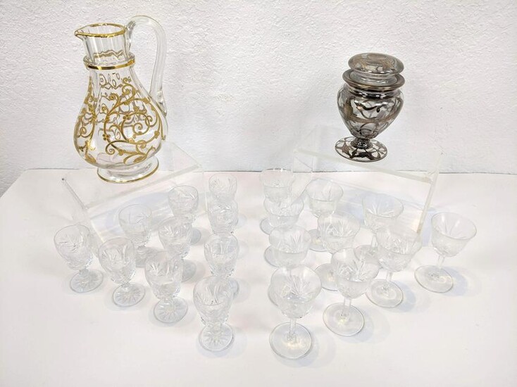 Crystal Glass Lot. Crystal pitcher with incised gold sc