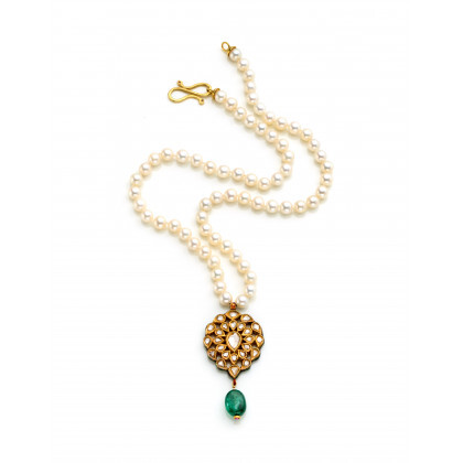 Cultured pearl necklace with an indian style yellow gold central pendant with flat diamonds, enamels and an emerald bead pendant...
